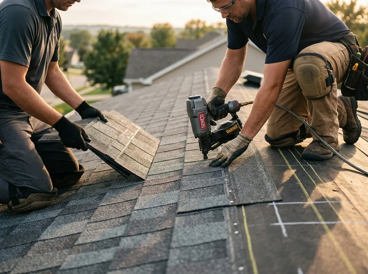 Professional roofer working on a residential roof in Harwich